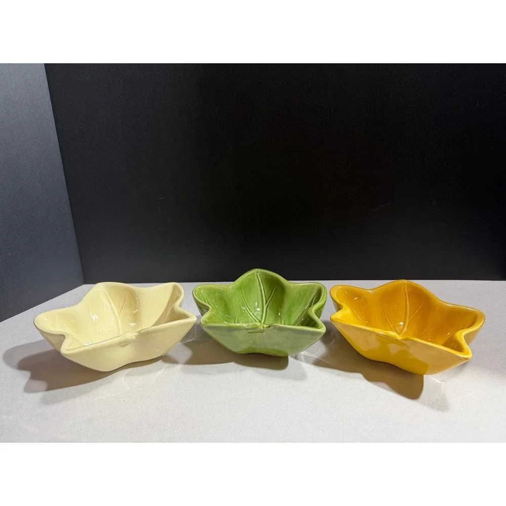 Set of 3 Ceramic Ivy Leaf Dipping Bowls Yellow Green Cream Autumn Harvest Decor